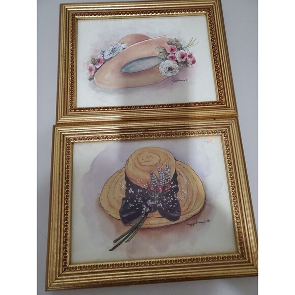 Peggy Abrams Victorian Hats Set of 2 Gold Tone Framed Art Prints - Picture 1 of 8